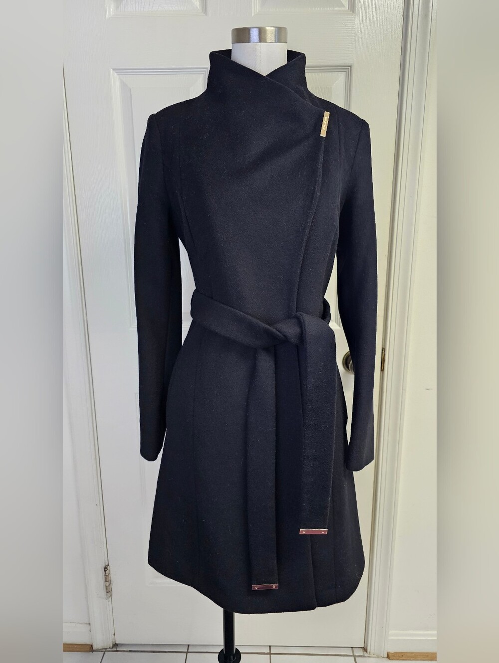 Michael Kors Black Women's Asymmetrical Belted Wool Coat, US X-Small - Picture 2 of 12